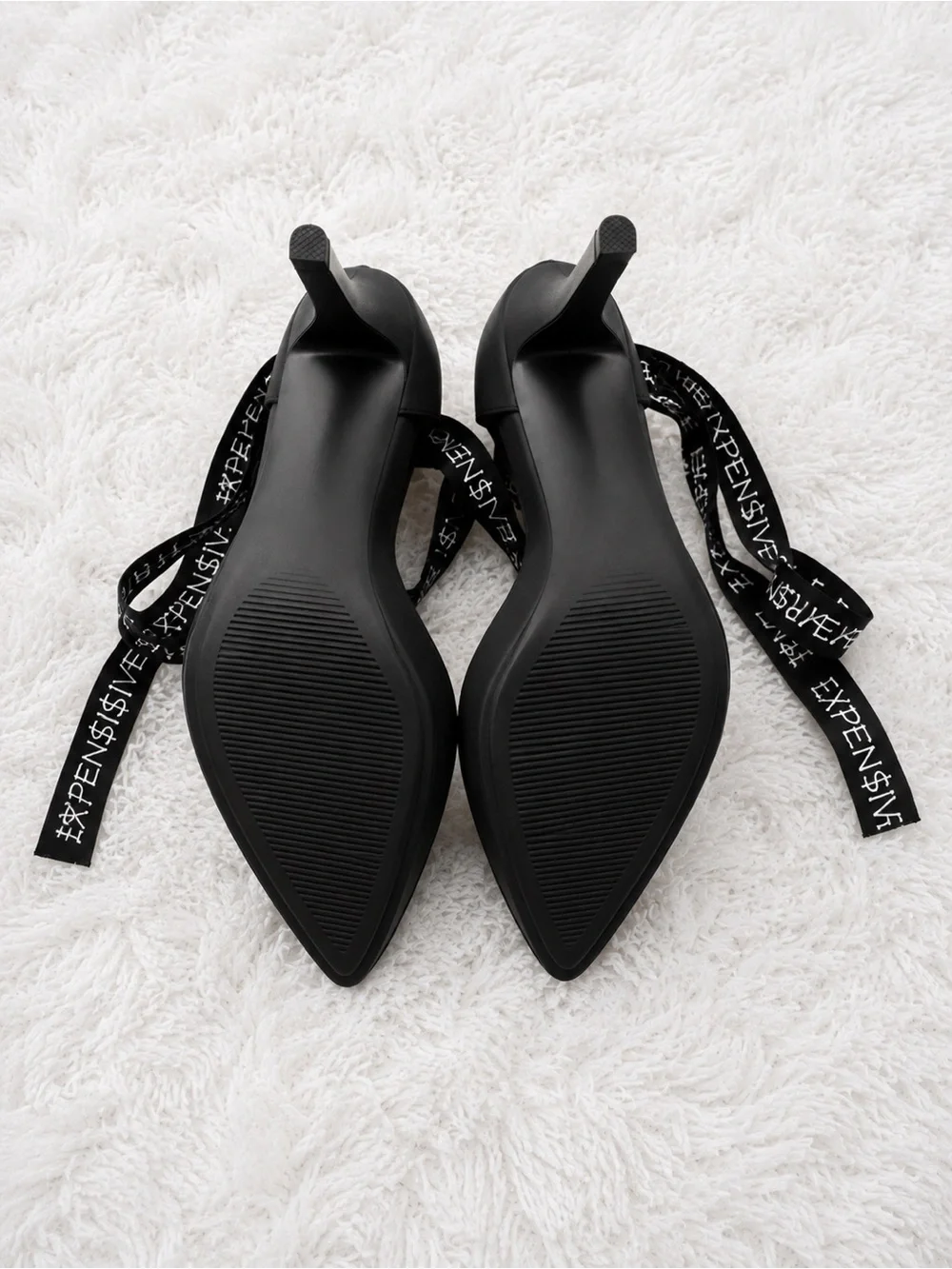 Black Ankle-Tie Stiletto Heels with Branded Ribbon Wrap